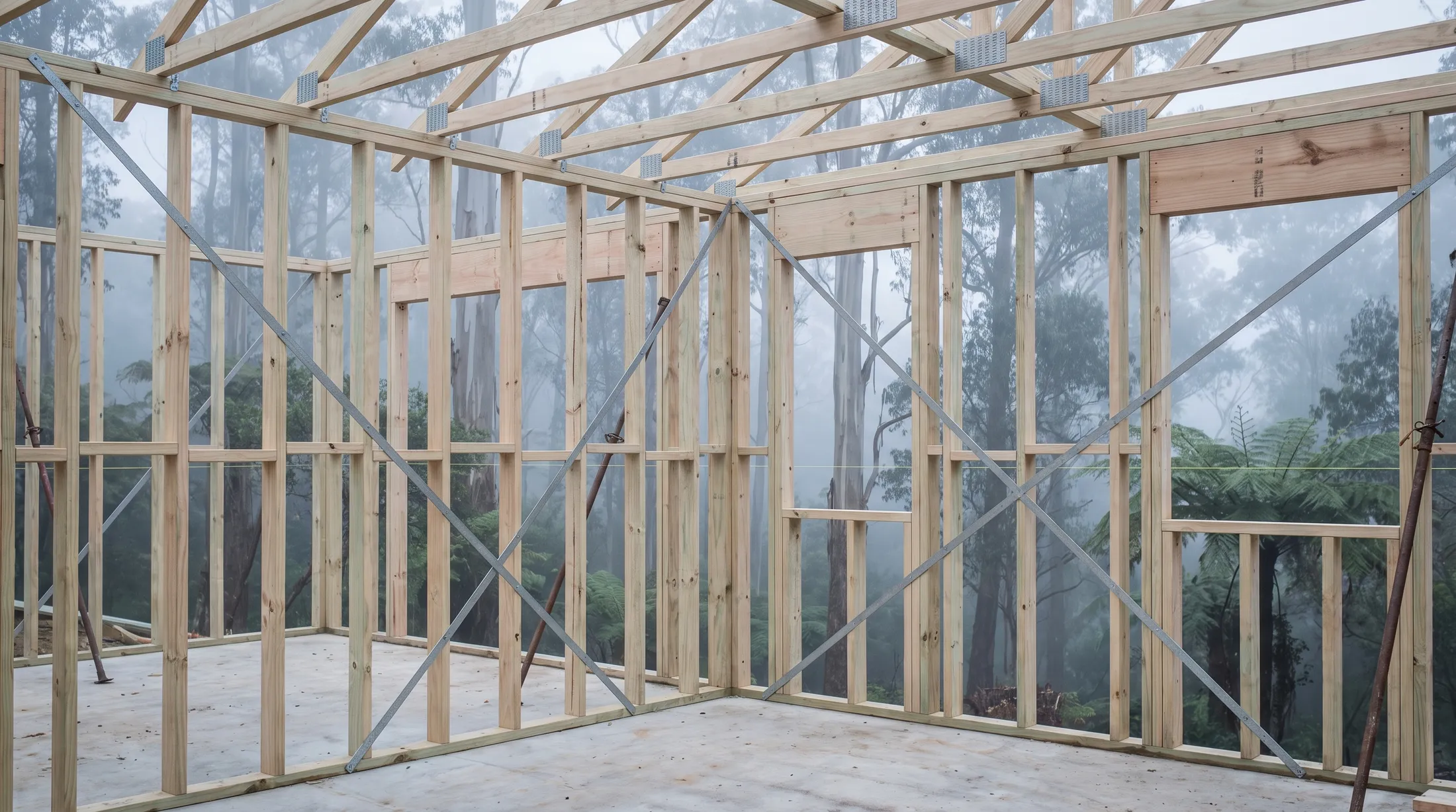 Timber wall frames and roof trusses standing on the slab of a new house among tall eucalypts